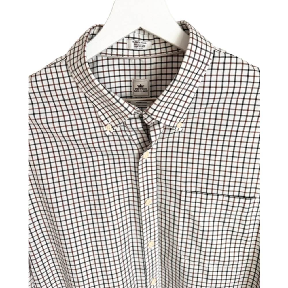 Peter Millar Dress Mens Long Sleeve Dress Shirt XL Tall White Brown Black Plaid